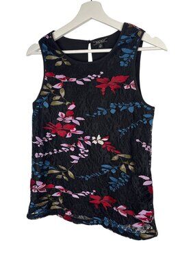 Lucky Brand Floral Embroidered Lace Tank Top XS Black Boho Festival Sleeveless
